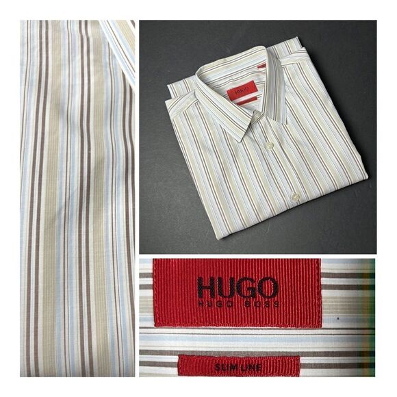 HUGO by Hugo Boss Cotton Button Down Slim line Shirt Lightweight Cotton Striped - Picture 1 of 13